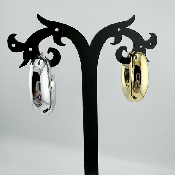 Vintage Puffy Mixed Metal Hoop Earrings Bold Statement Spherical Retro Glam - Picture 3 of 9